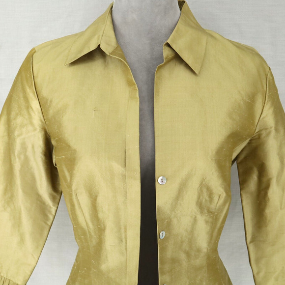 Cache Jacket Womens 8 Silk Green Gold Lined Pleated Trim Lightweight Vintage - Picture 6 of 12